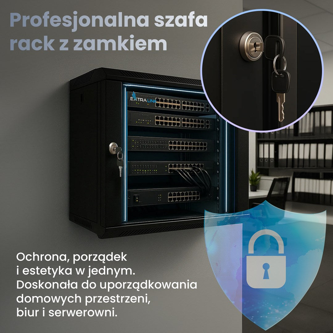 Naścienna czarna szafa rack z urządzeniami sieciowymi, kluczem, zamkiem i tekstami reklamowymi.