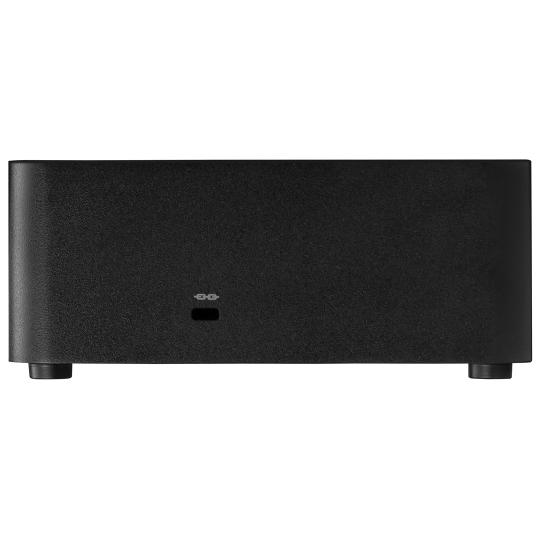 Boîte noire sur de petits pieds avec un port USB et une LED d'état à l'avant.