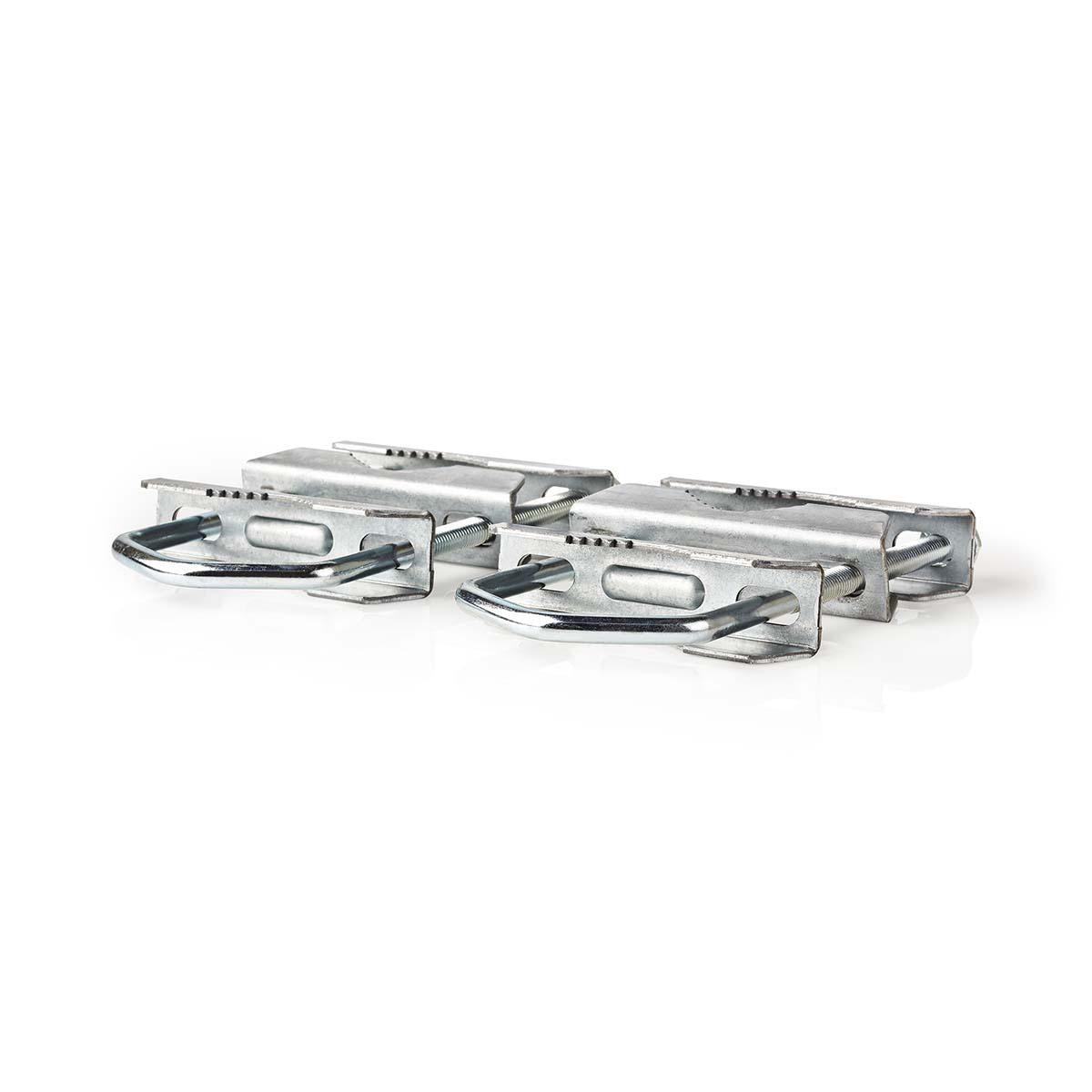 Zwei U-Bögen aus Metall mit Klemmen auf weißem Hintergrund.