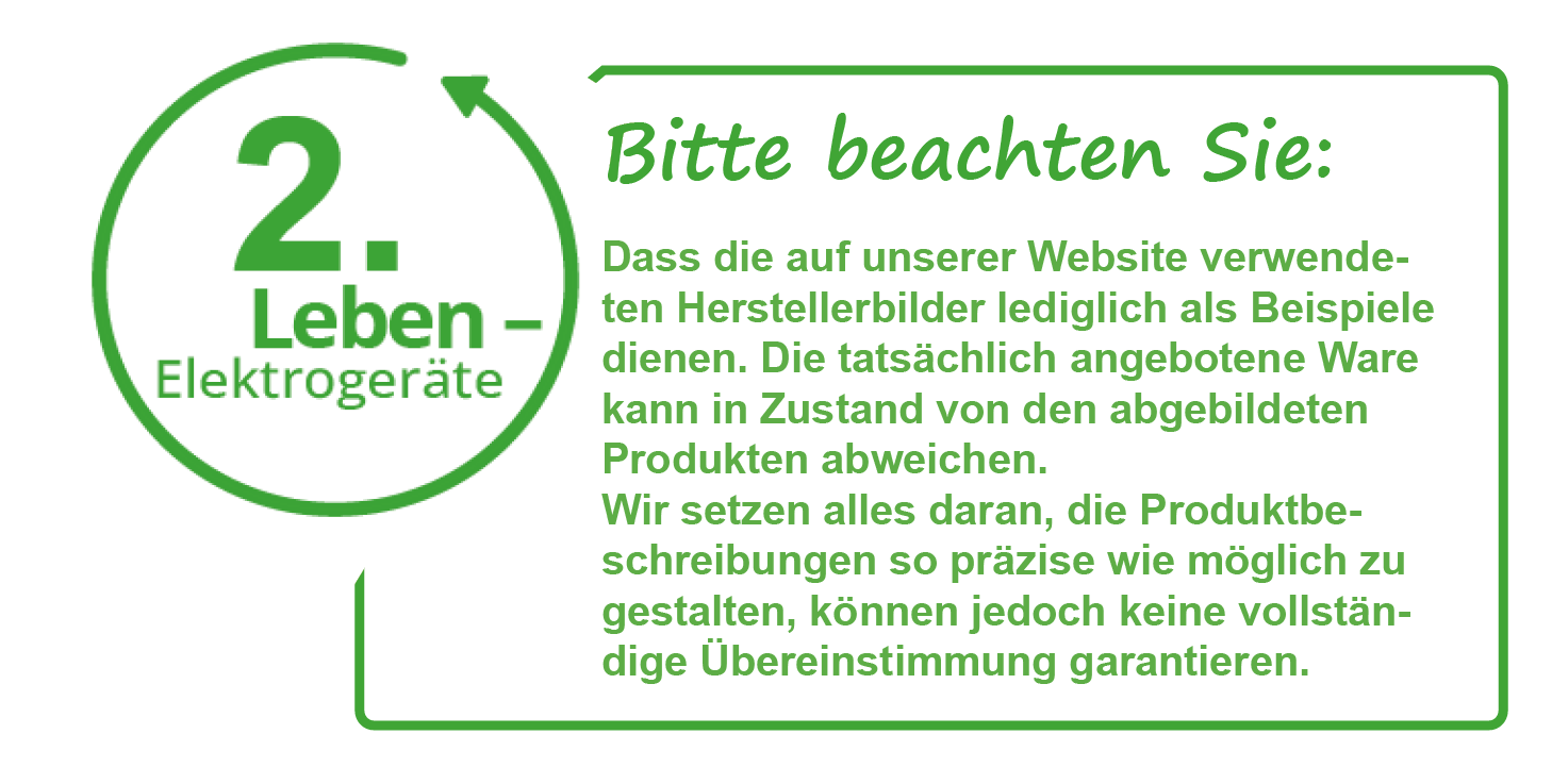 Grünes Schild mit Hinweis zu Beispielbildern für Elektrogeräte.
