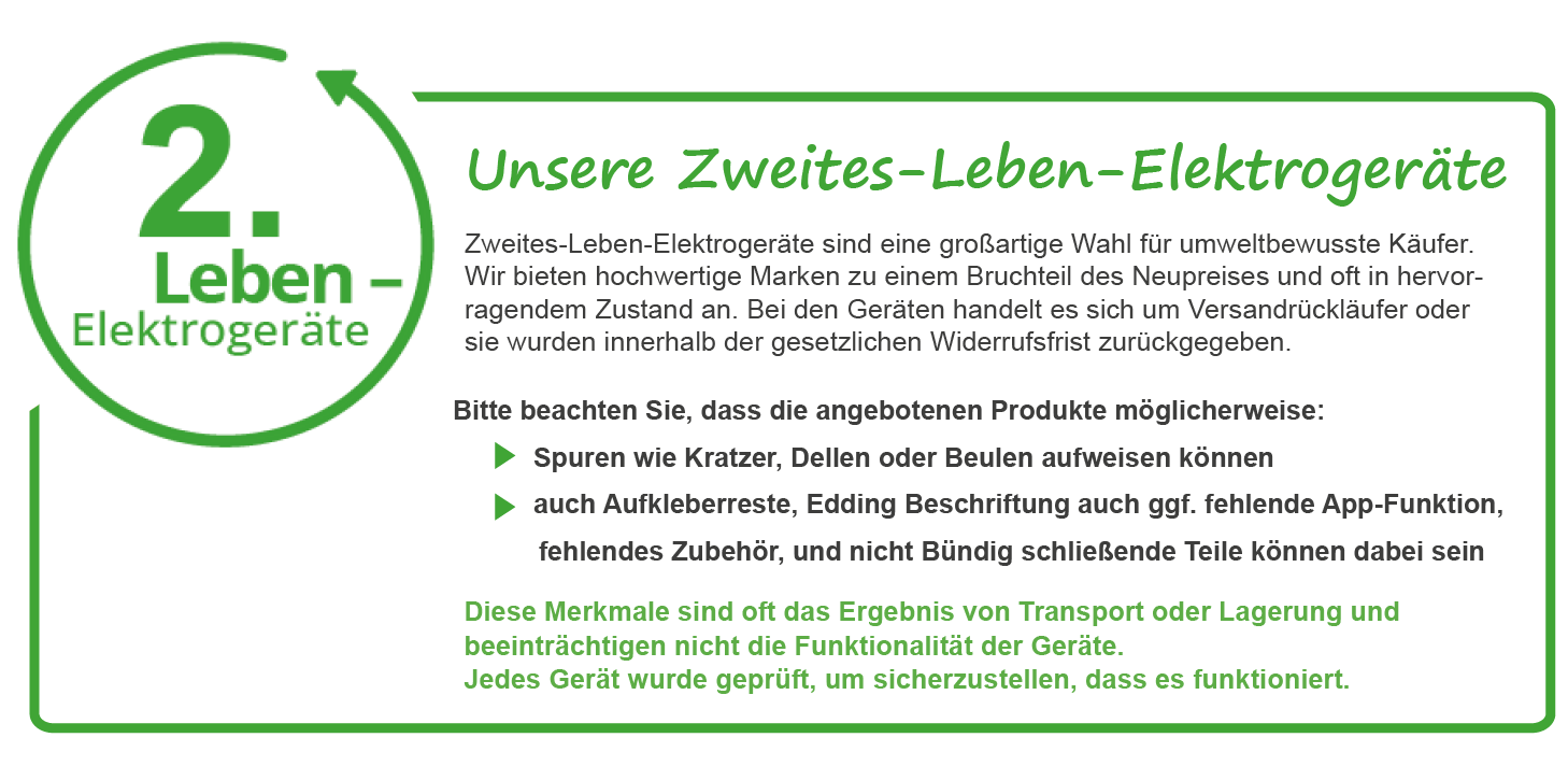 Infografik über gebrauchte Elektrogeräte mit Text zu Zustand und Merkmalen in Grün auf weißem Hintergrund.