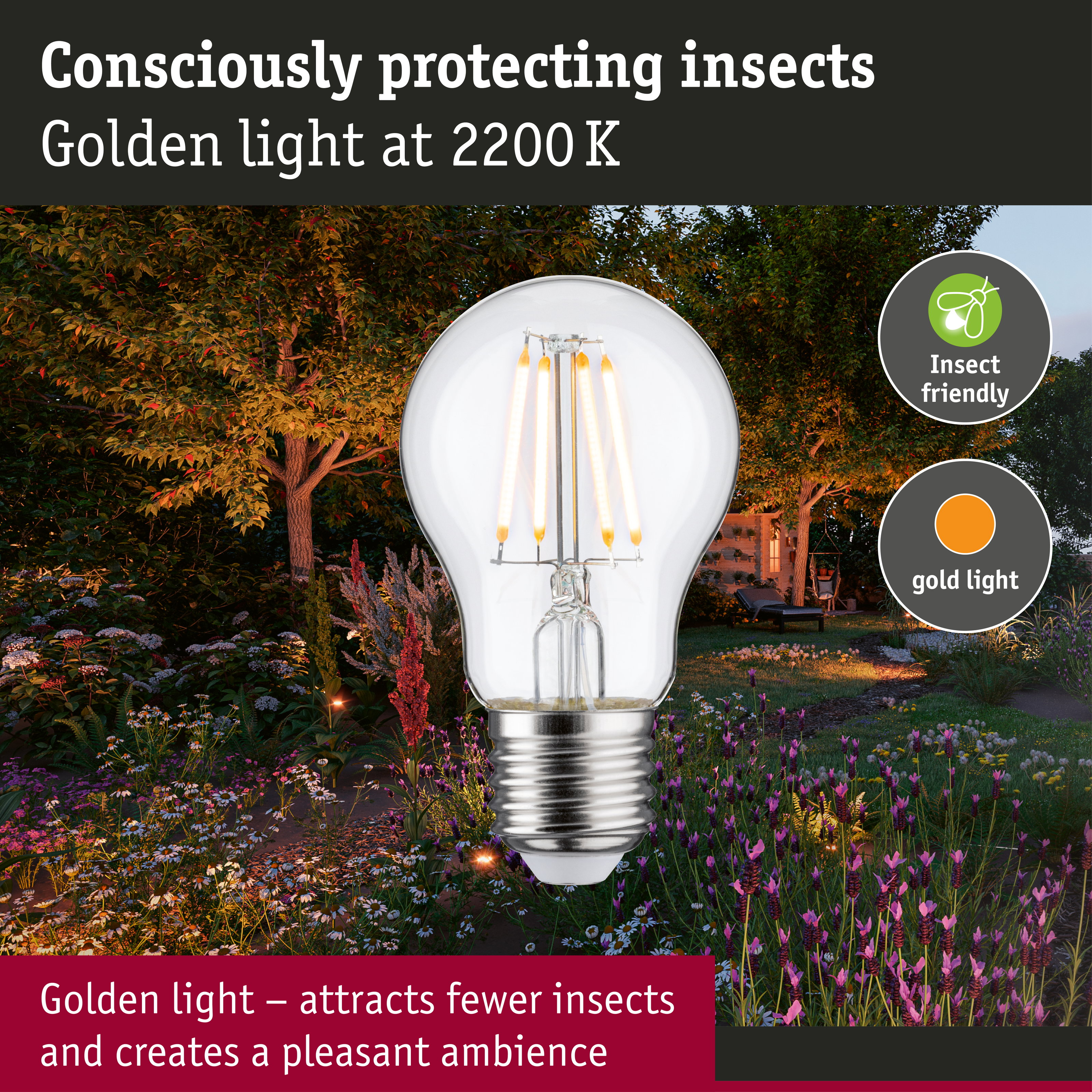 Una lampadina davanti a un giardino notturno con testo e icone per luce dorata a prova di insetti.