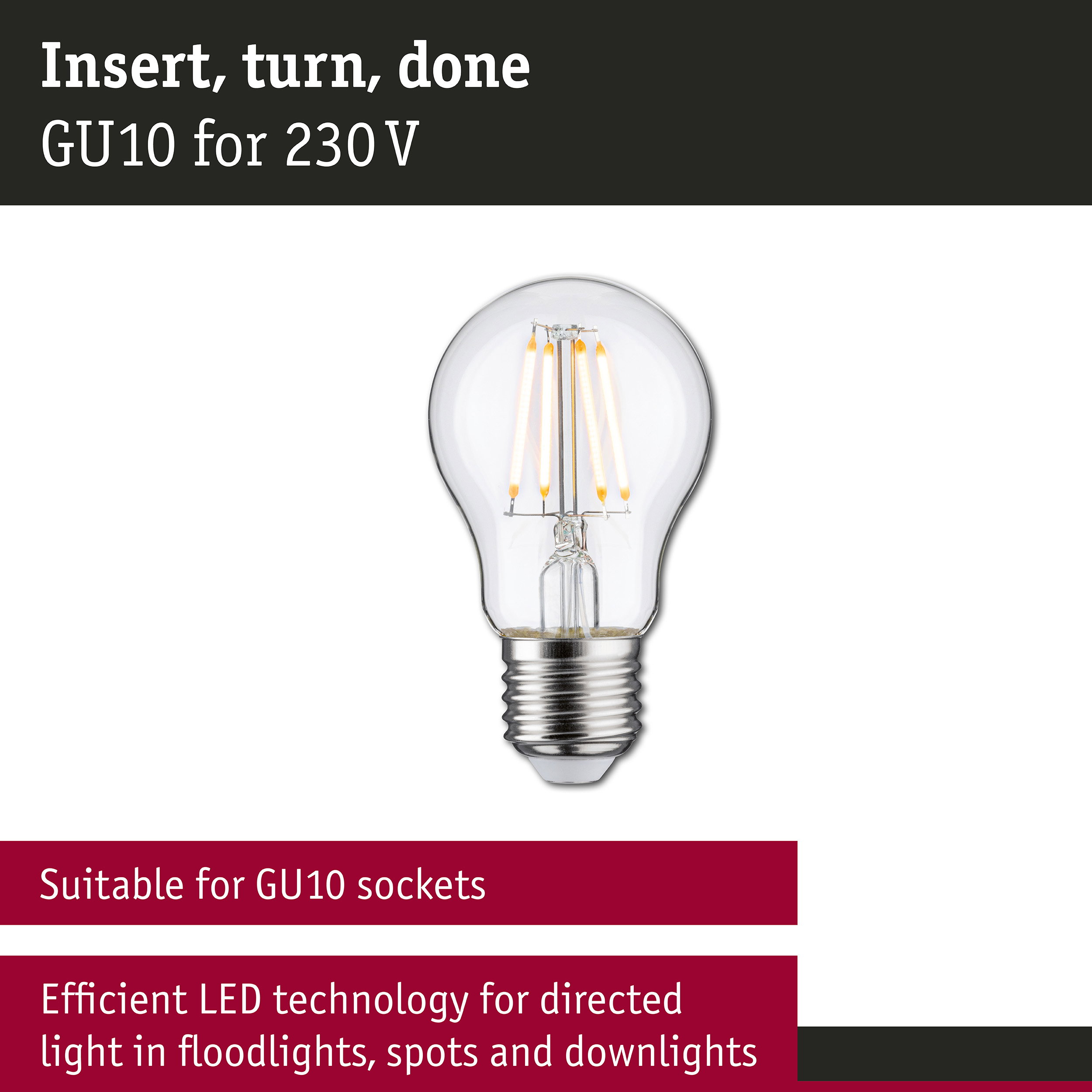 Una lampadina LED trasparente con filamenti visibili su sfondo bianco e testo pubblicitario.