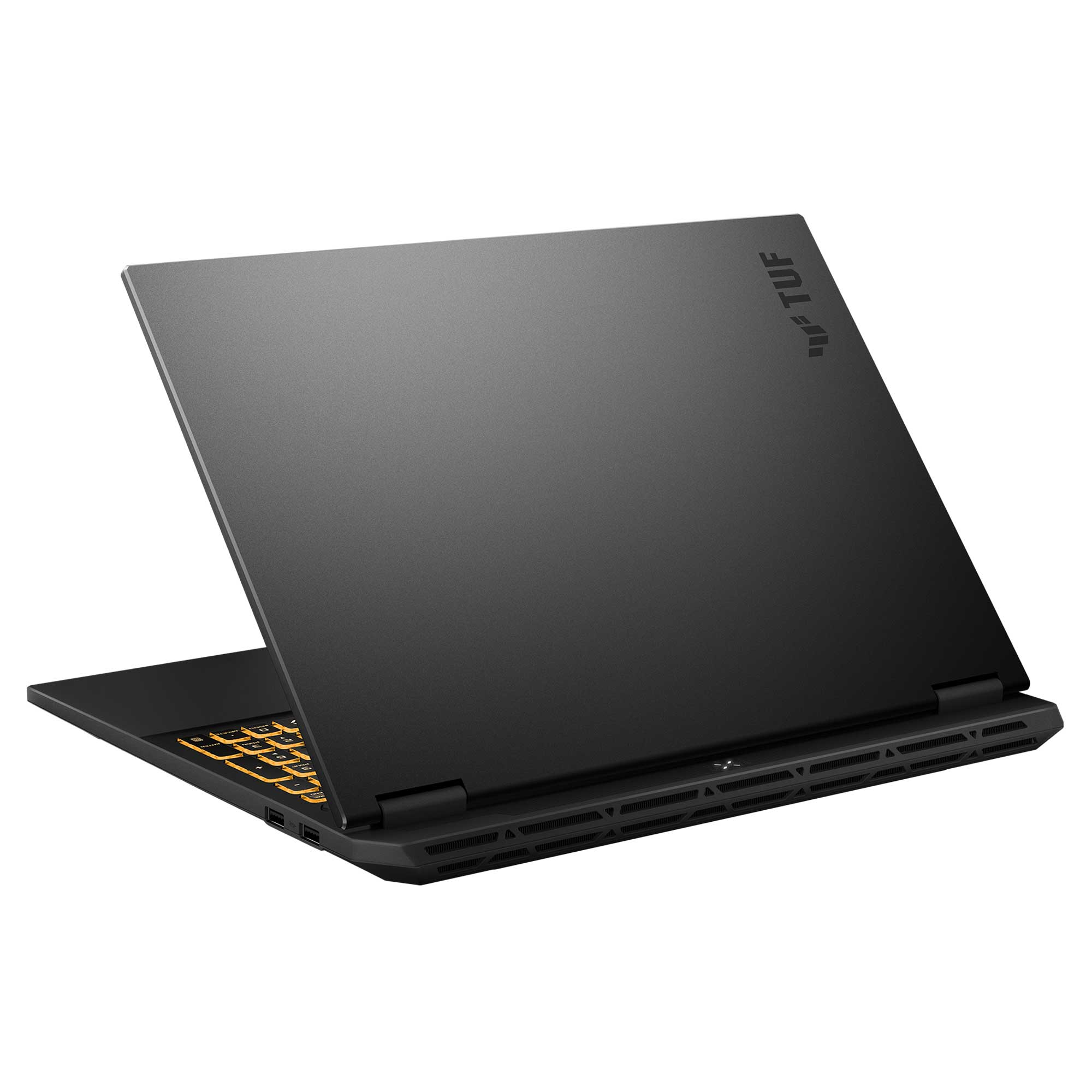 Siyah bir Asus TUF dizüstü bilgisayar arka açıyla kapalı olarak arkadan aydınlatmalı klavyeyle gösteriliyor.