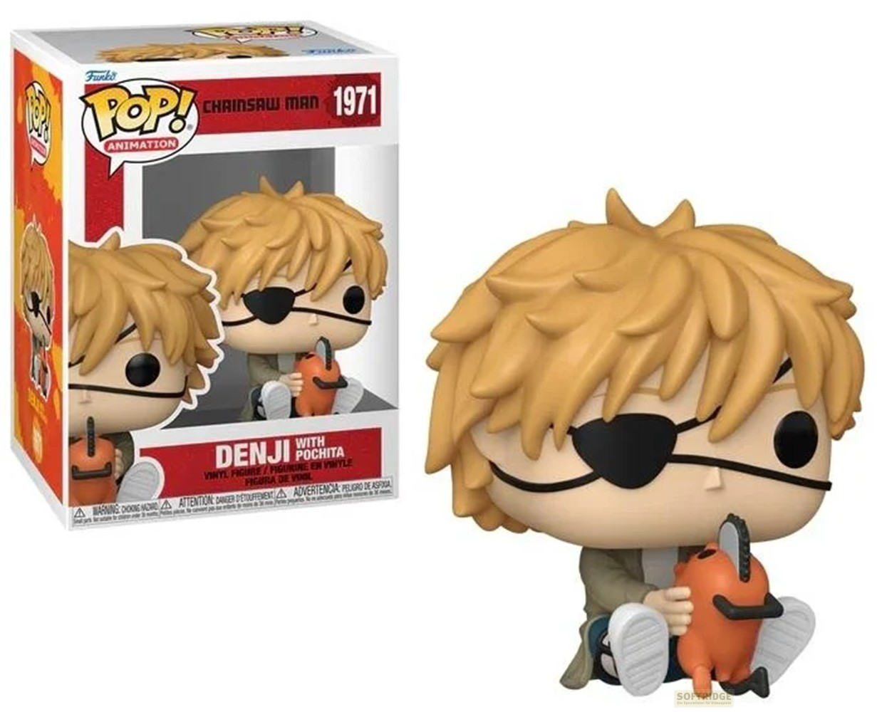Figura Funko Pop de Denji con Pochita de Chainsaw Man, mostrada en su caja y fuera de ella.