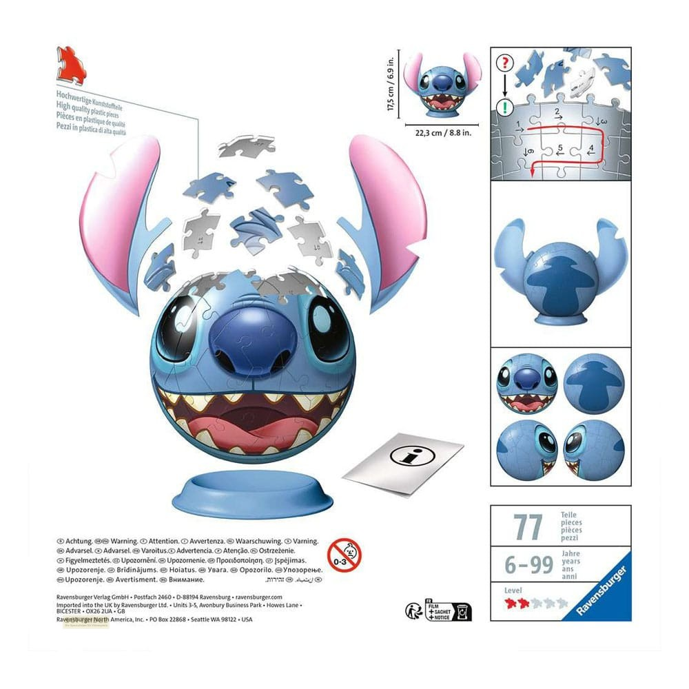 Eine Verpackung für ein 77-teiliges 3D-Puzzle von Stitch, mit Anleitung und Maßen.