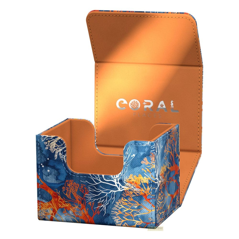 Scatola per mazzo di carte aperta blu e arancione con motivo di corallo e testo CORAL PLACES.