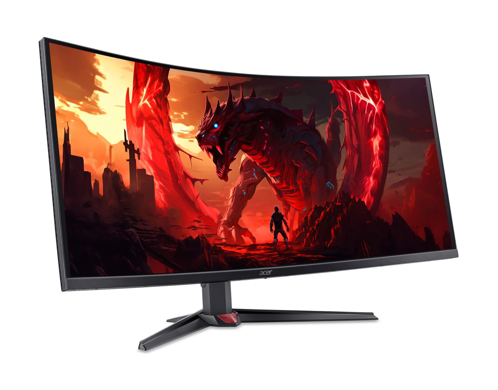 Un monitor da gioco Acer curvo mostra una scena fantastica con un drago e una persona al tramonto.