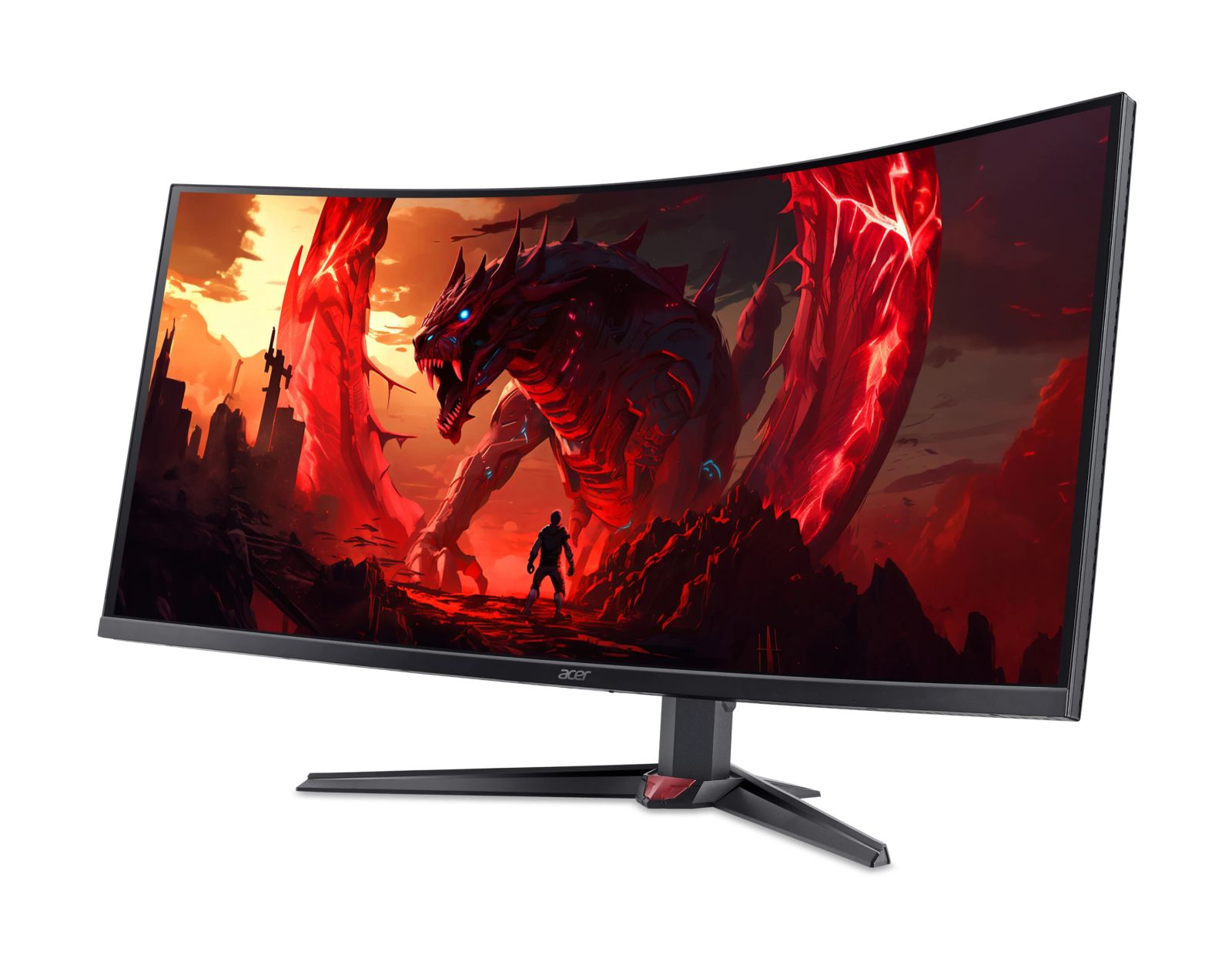 Un monitor da gioco curvo nero mostra una scena fantastica di drago rosso su sfondo bianco.
