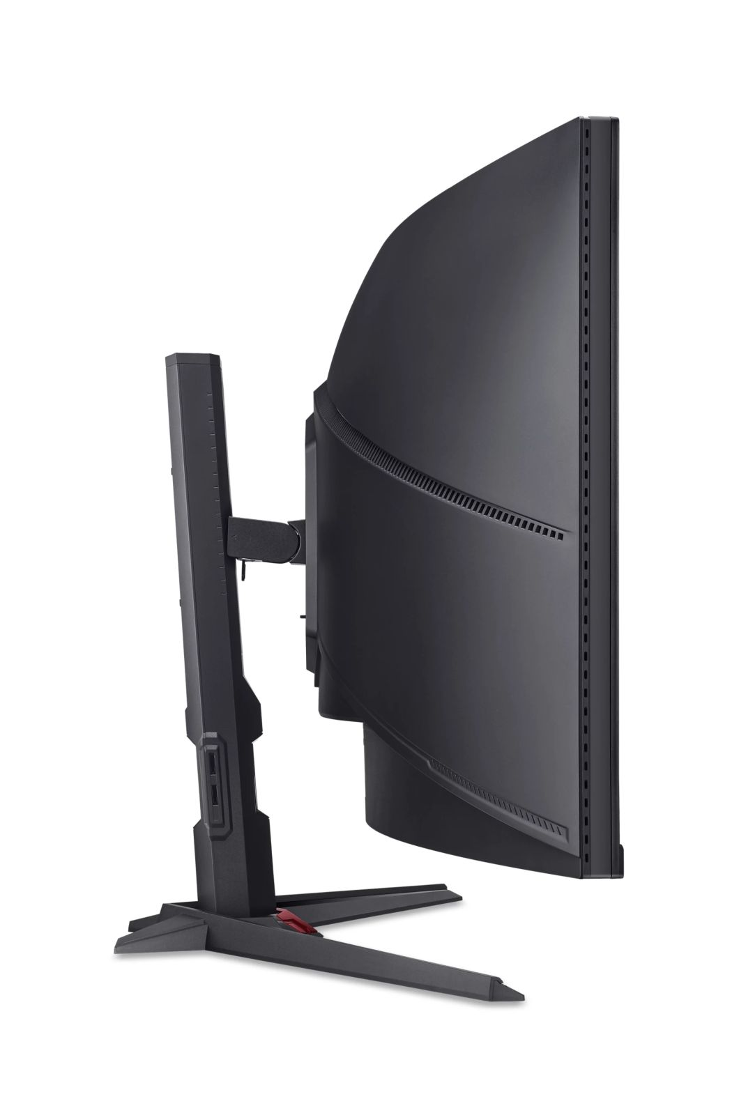 Vista laterale di un monitor nero curvo su supporto regolabile su sfondo bianco.