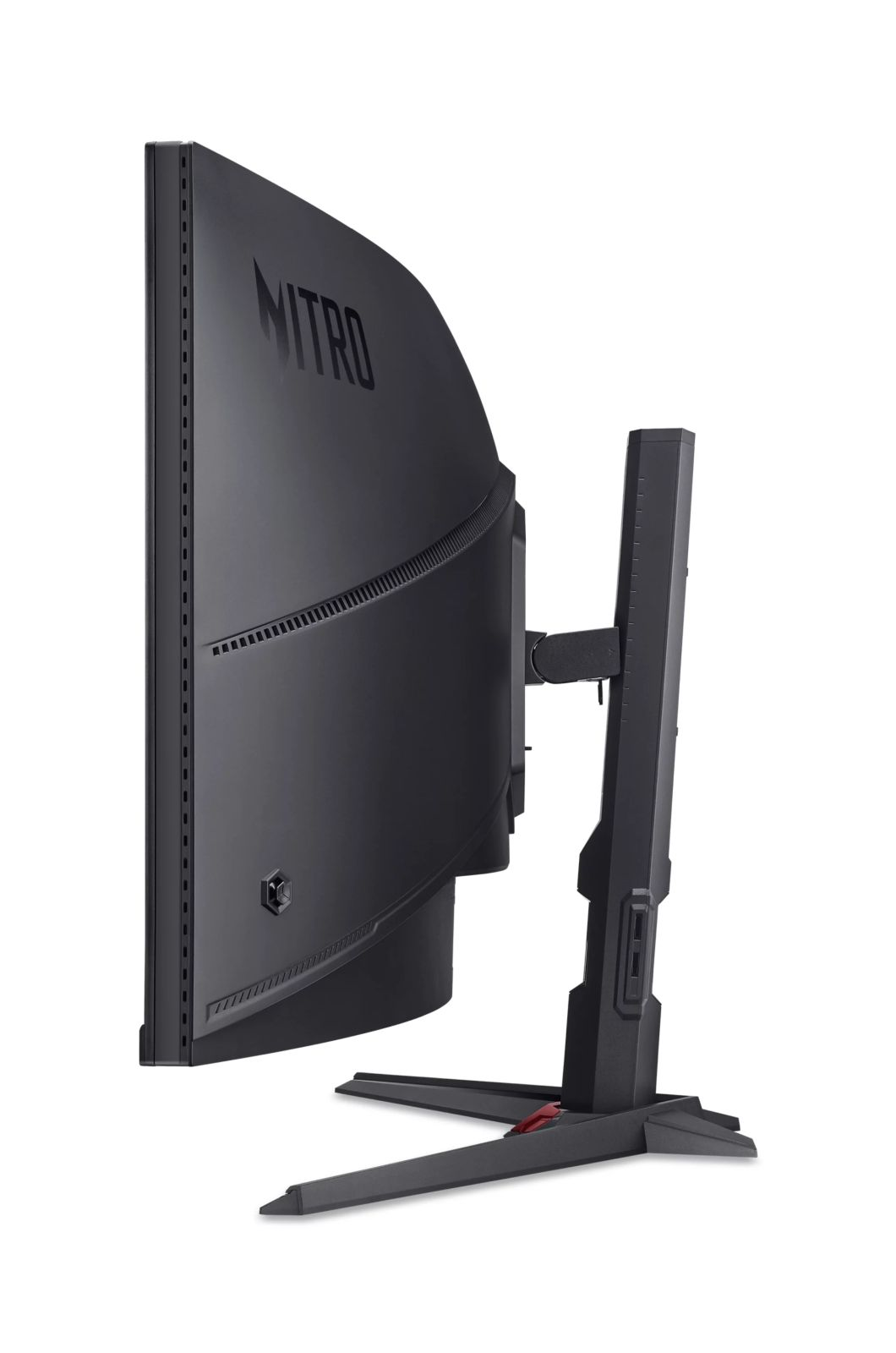 Vista laterale di un monitor curvo Nitro nero su supporto a V.