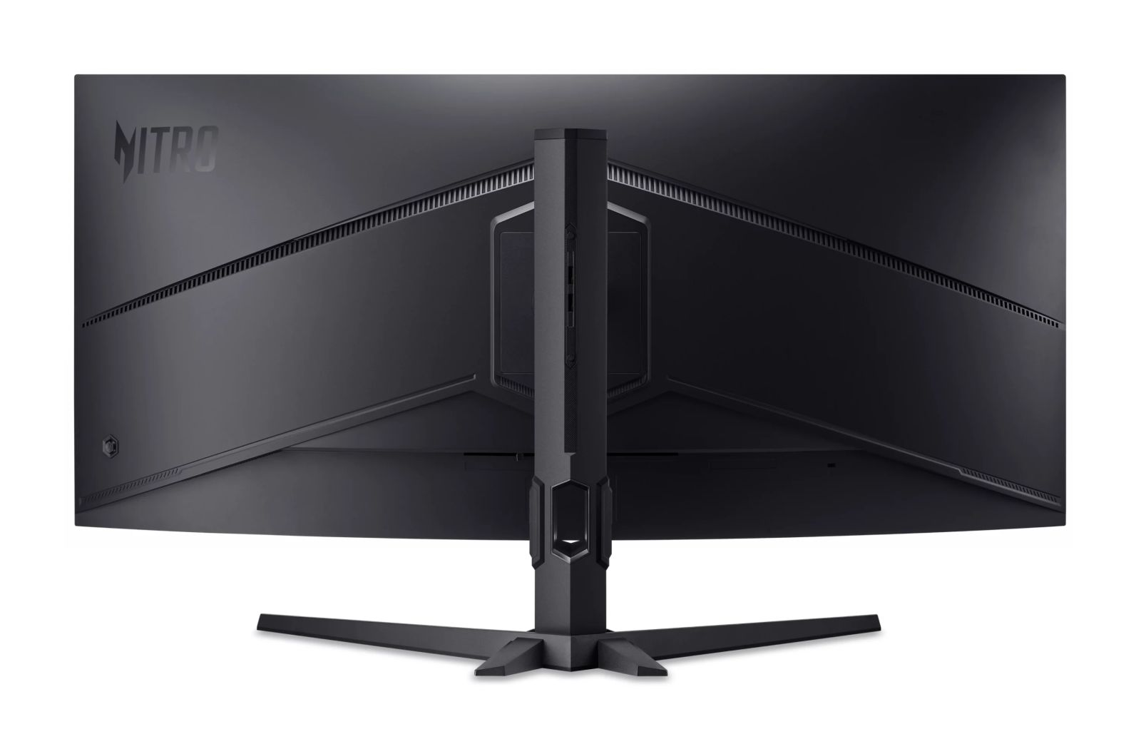 Vista posteriore di un monitor da gioco curvo Nitro nero su supporto con base a V su sfondo bianco.