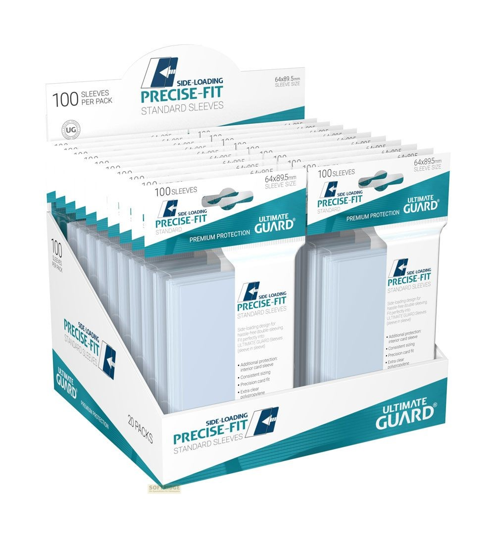 Boîte de présentation avec 20 paquets de protège-cartes Ultimate Guard Precise-Fit, 100 pochettes transparentes.