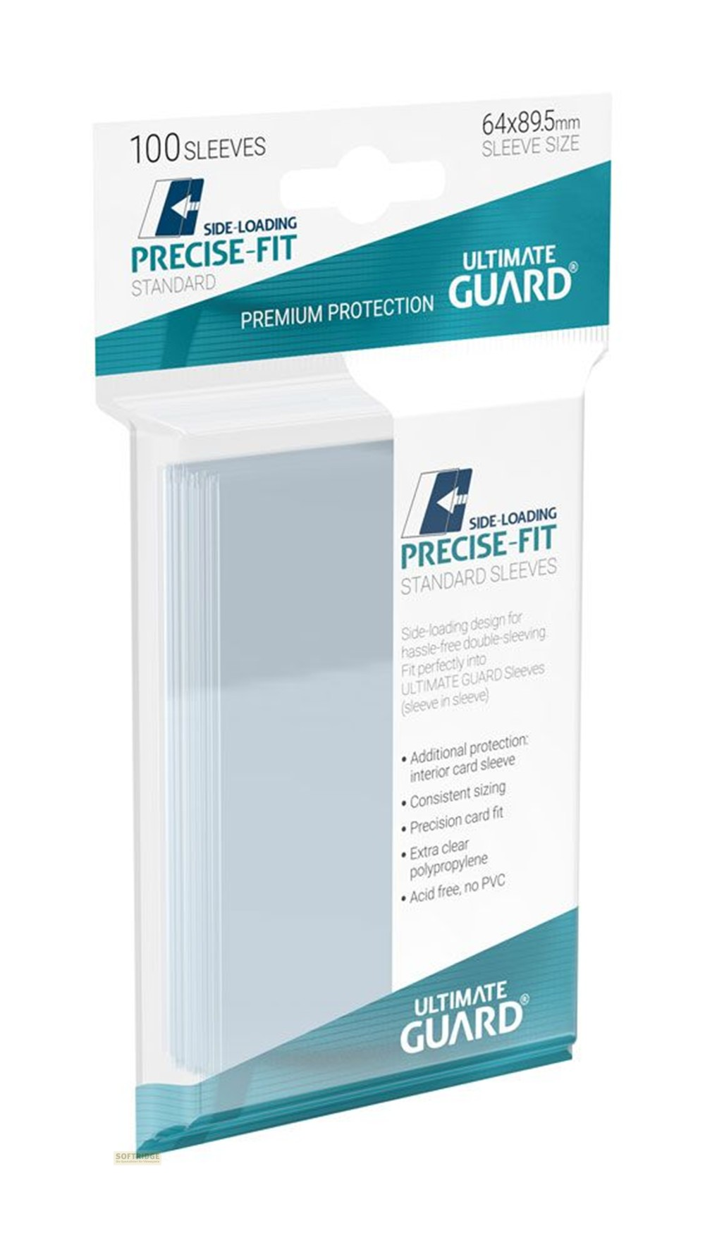 Paquet de 100 protège-cartes Ultimate Guard standard dans un emballage blanc et turquoise.
