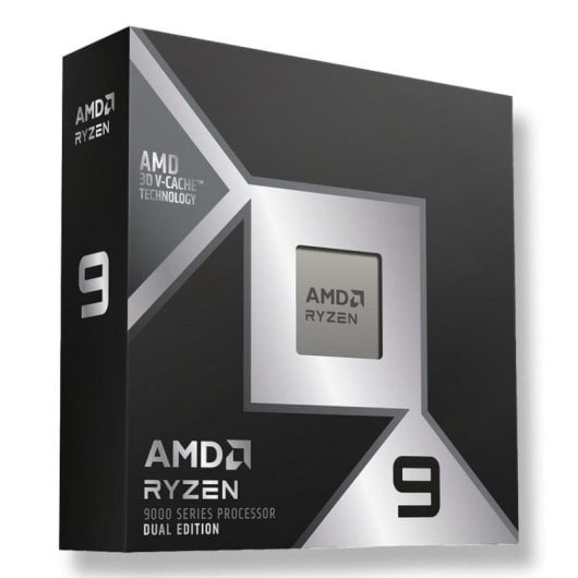Scatola del processore AMD Ryzen 9 9000 Series con dettagli argento, ritaglio del processore e marchio su sfondo bianco.