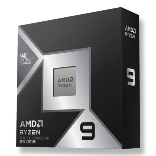 Confezione nera del processore AMD Ryzen 9 Serie 9000 con dettagli argentati e CPU visibile al centro.