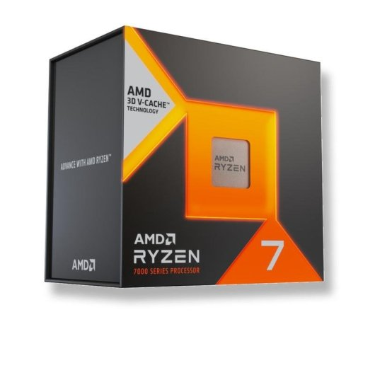 Scatola processore AMD Ryzen 7 7000 Series arancione e nera con finestra sul CPU.