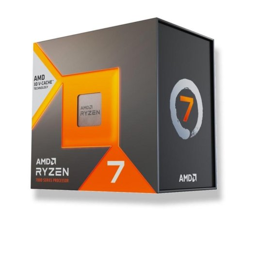 Confezione del processore AMD Ryzen 7 con design arancione e grigio su sfondo bianco.