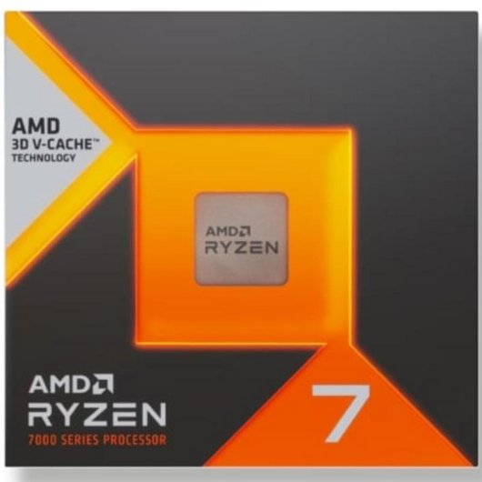 Confezione del processore AMD Ryzen 7 3D V-Cache grigio scuro con dettagli arancioni e il chip centrale.