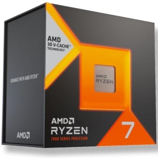 Scatola del processore AMD Ryzen 7 serie 7000 con grafica arancione e nera.