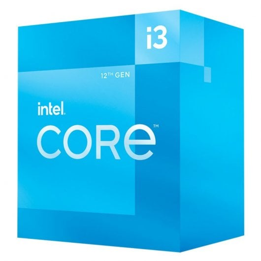 Scatola del processore Intel Core i3 di 12a generazione blu su sfondo bianco.