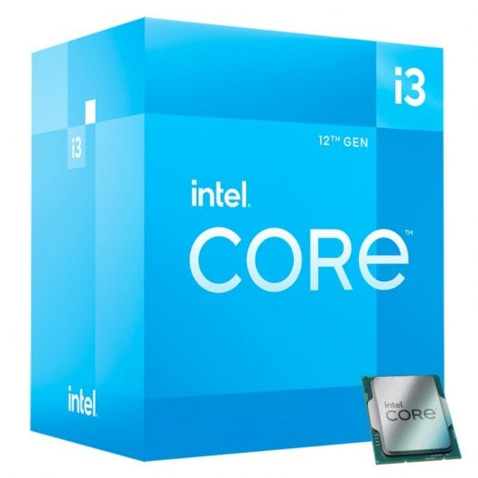 Scatola del processore Intel Core i3 di dodicesima generazione blu con un chip accanto su sfondo bianco.
