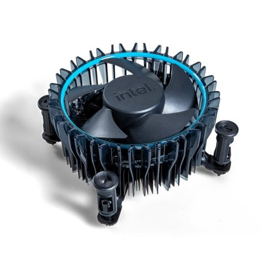 Un dissipatore per CPU Intel nero con dettagli blu e quattro perni di montaggio su sfondo bianco.