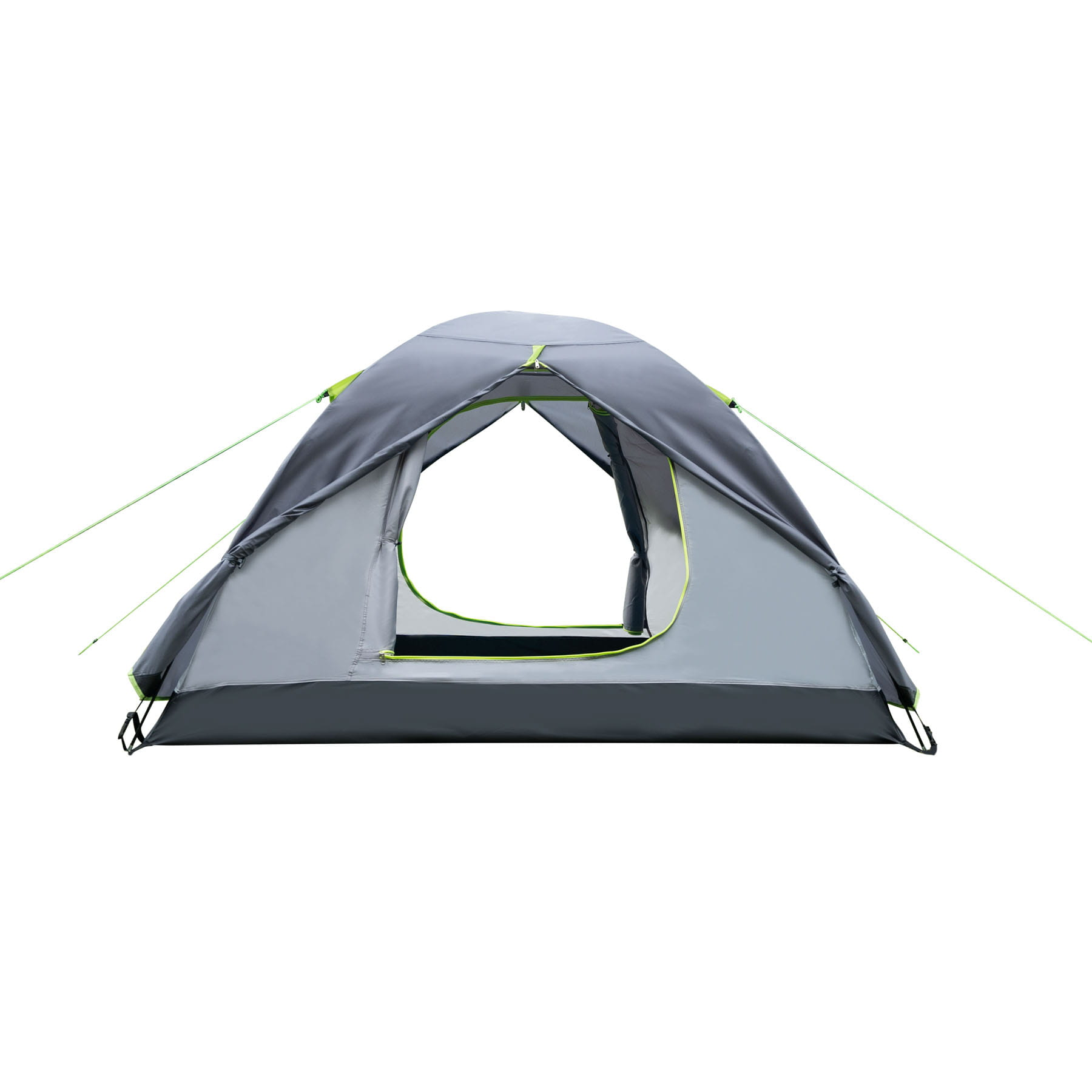 Una carpa gris con puertas abiertas y detalles verdes sobre fondo blanco.