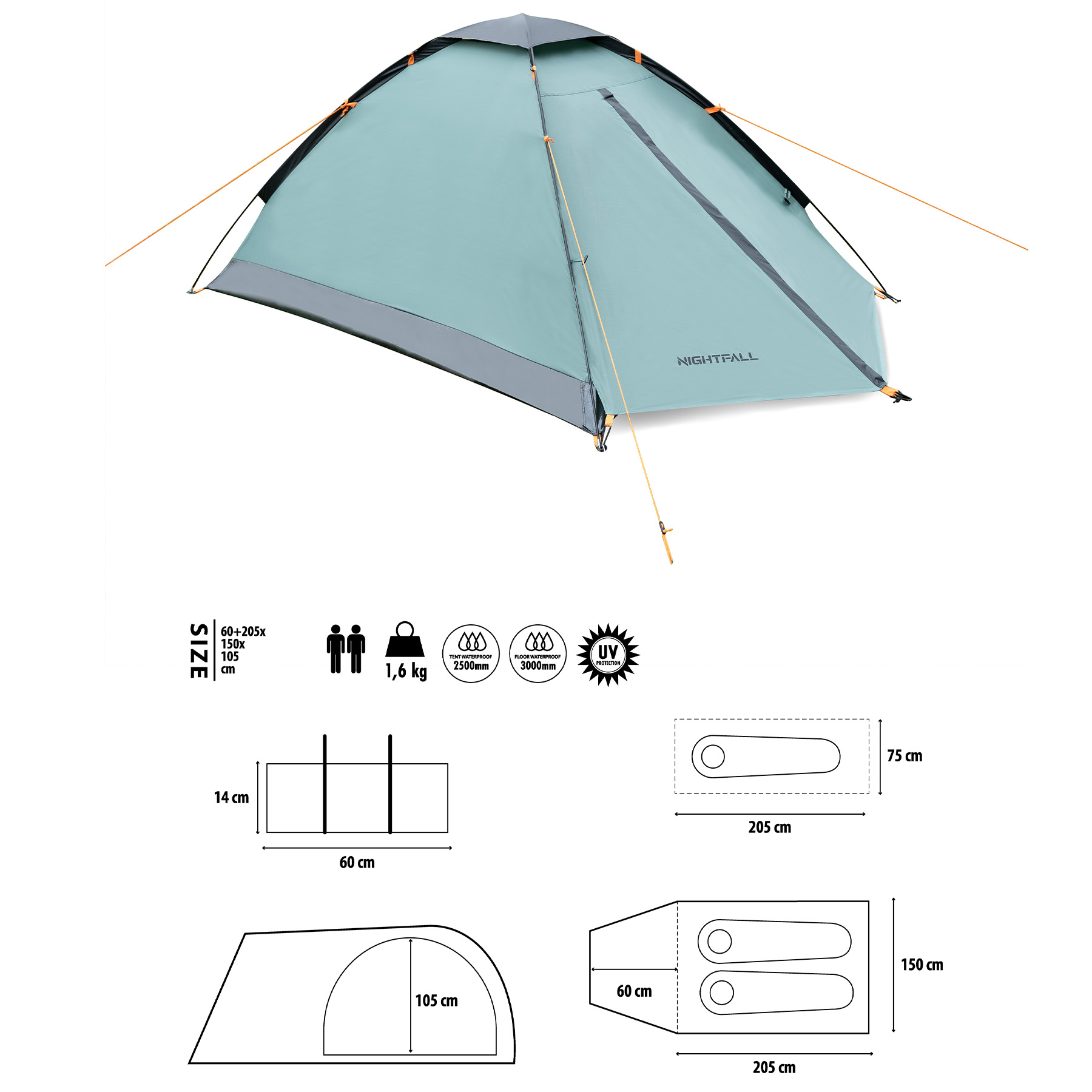 Una tienda turquesa con detalles grises, vientos y diagramas que muestran tamaño y peso.