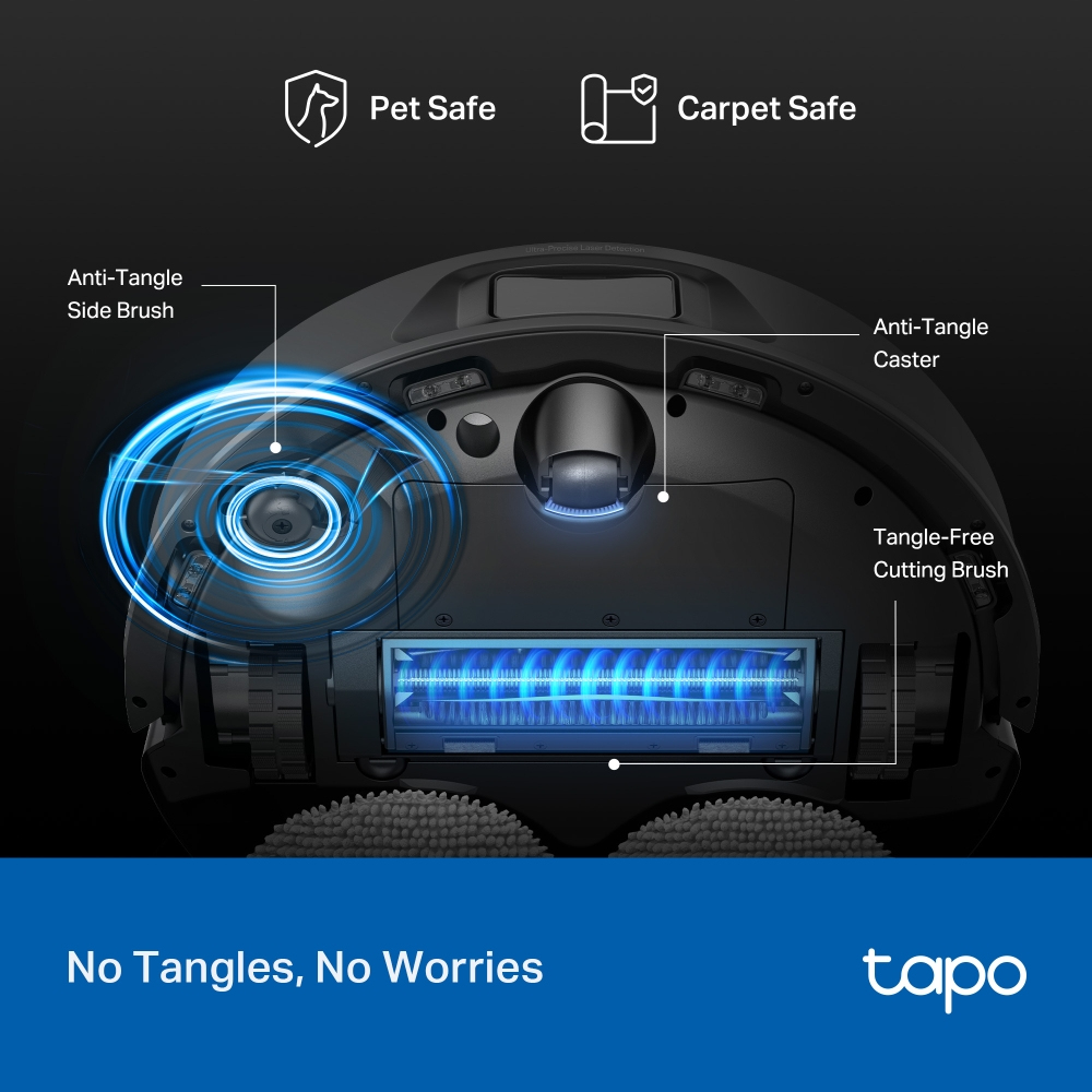 Vista inferiore di un robot aspirapolvere nero con spazzole anti-groviglio e dettagli blu su sfondo blu.