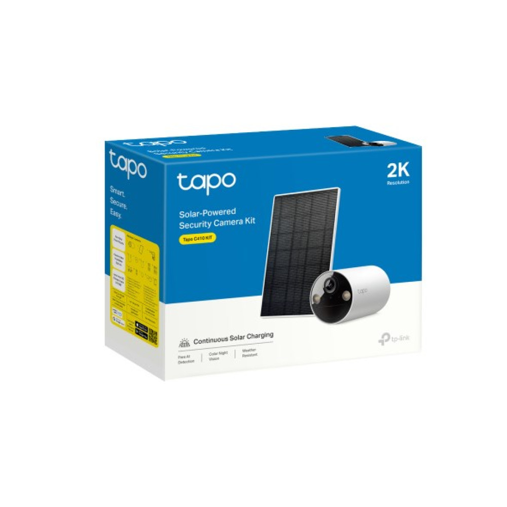 Caja de embalaje azul y blanca para el kit de cámara de seguridad solar Tapo.
