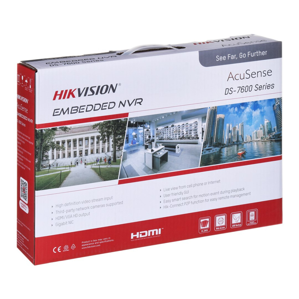 Caja del producto Hikvision AcuSense Embedded NVR con imágenes de escenas de vigilancia.