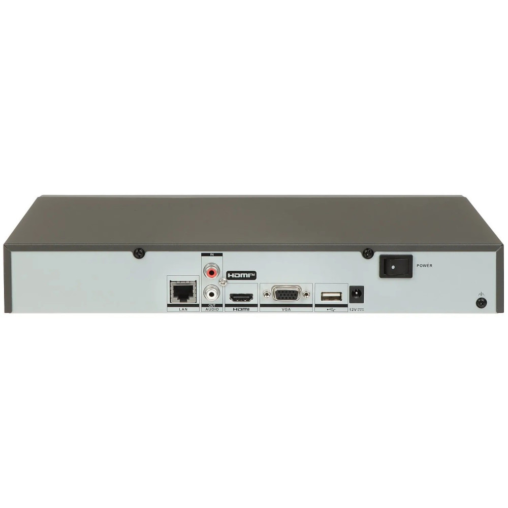Panel trasero de un grabador DVR con puertos LAN, audio, HDMI, VGA, USB y energía.