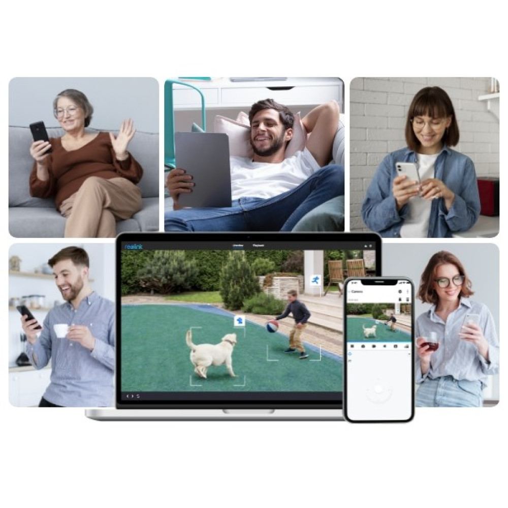 Persone usano smartphone e laptop per vedere telecamere di cani e bambini che giocano.