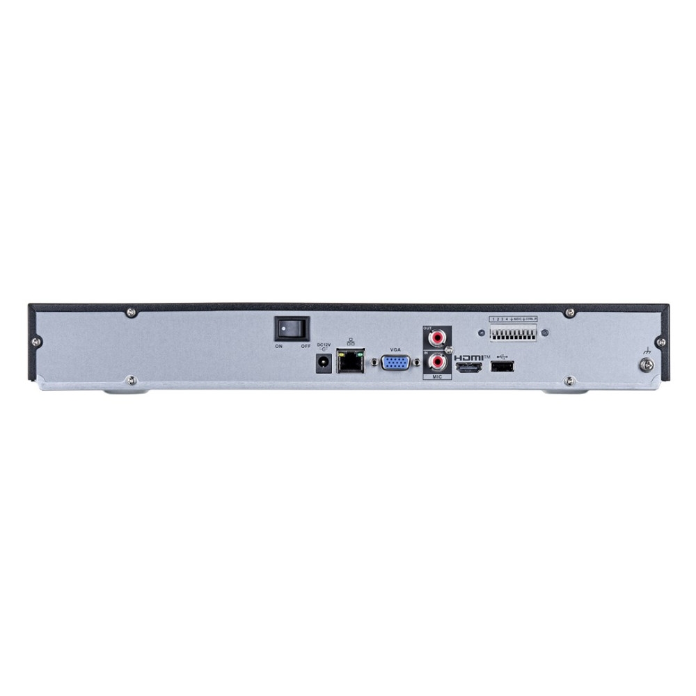 Panel trasero de un DVR negro con varios puertos como VGA, HDMI y Ethernet sobre un fondo gris plateado.