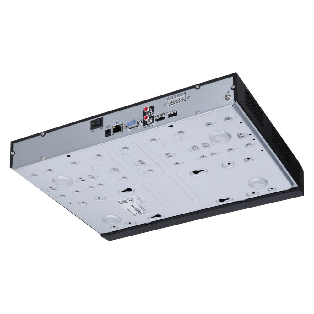 Panel inferior y trasero de un dispositivo electrónico negro y plateado con puertos como HDMI, VGA y Ethernet.