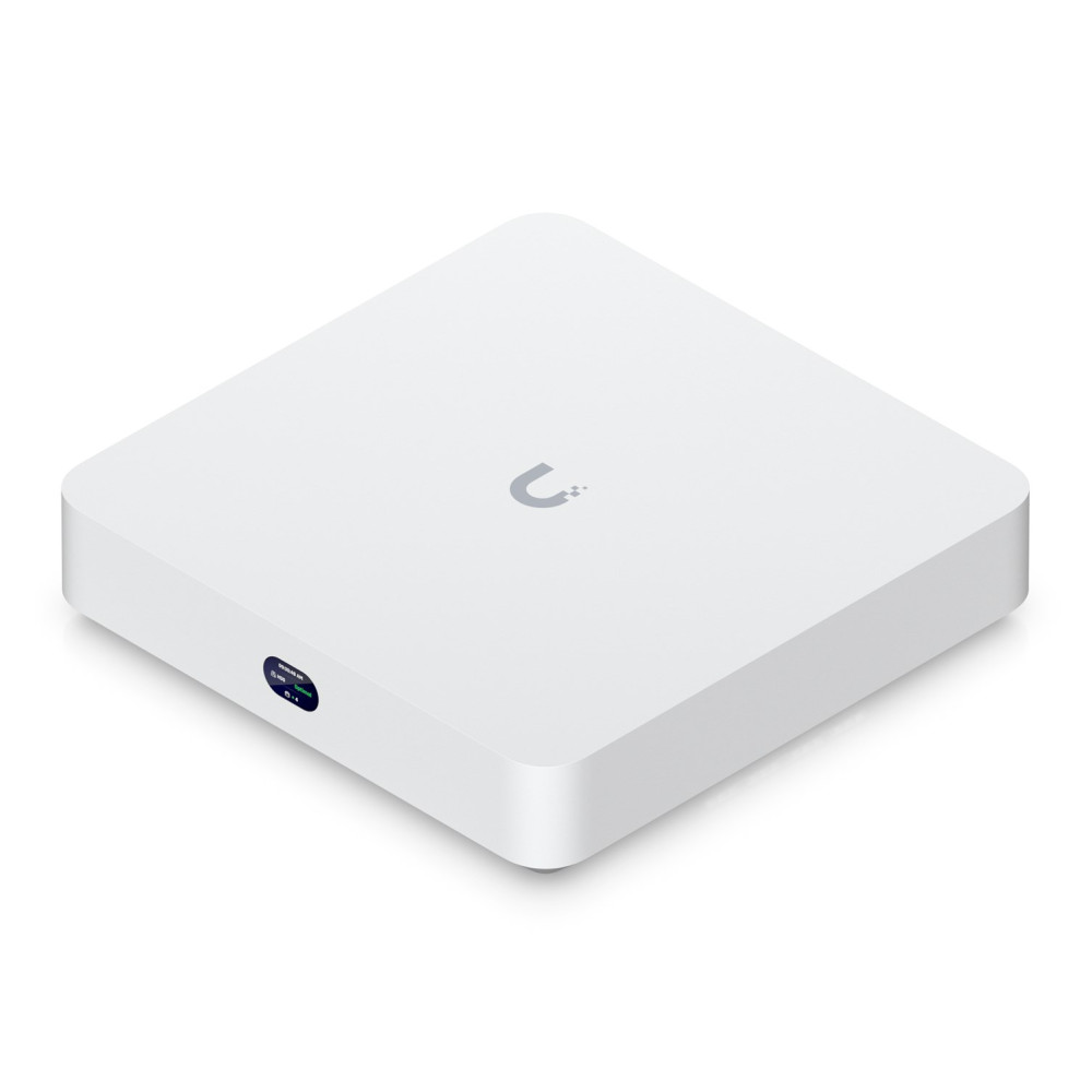 Un dispositivo di rete bianco e quadrato con angoli arrotondati e un piccolo display rotondo sulla parte anteriore.
