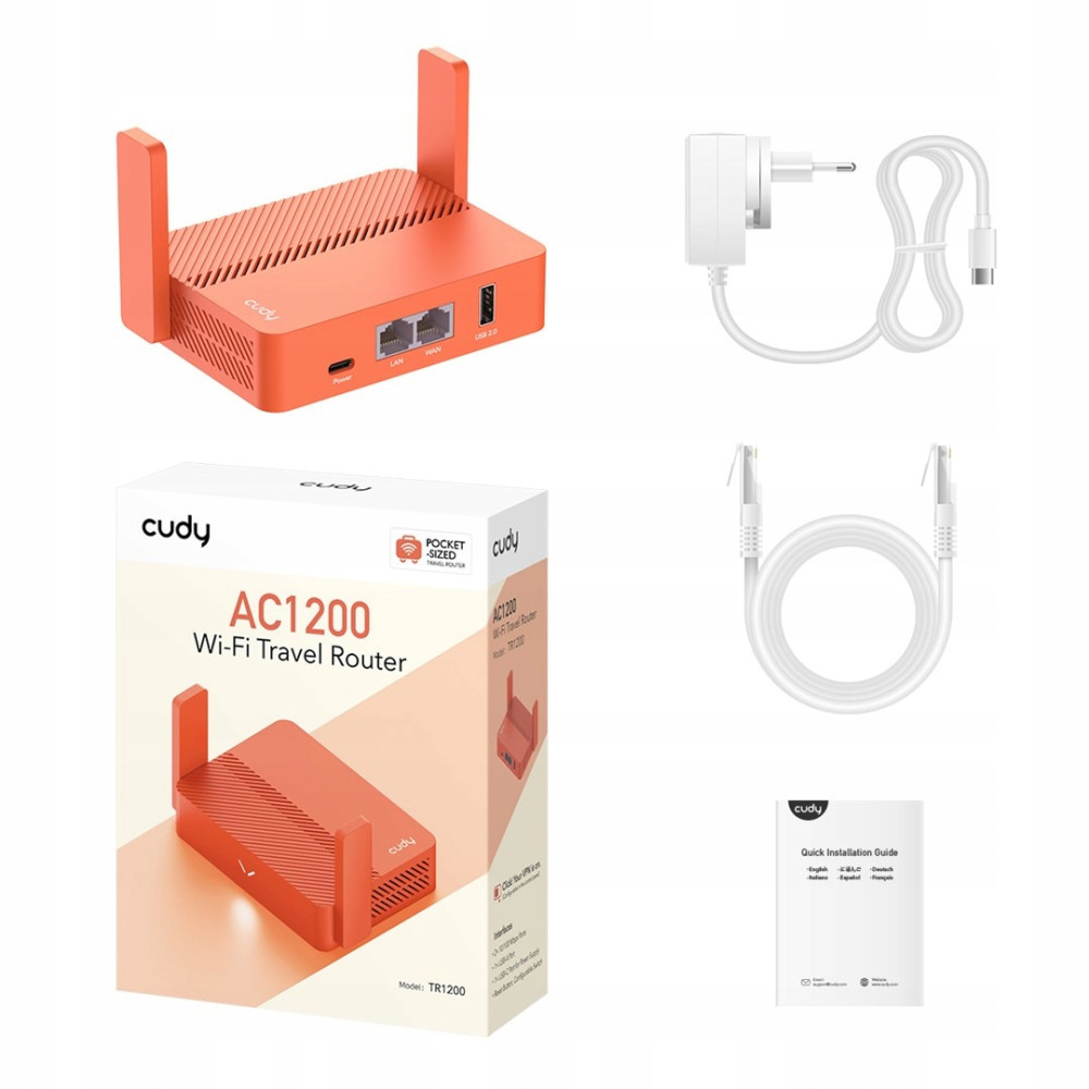 Oranger Cudy AC1200 WLAN-Reiserouter mit Netzteil, Ethernet-Kabel, Verpackung und Handbuch.
