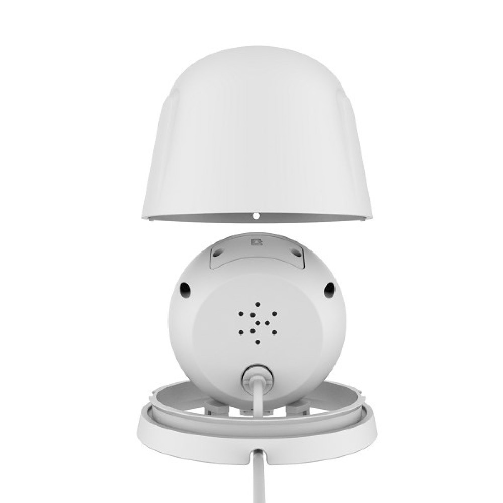 A white IP camera with its dome cover removed, revealing internal components on a base.
