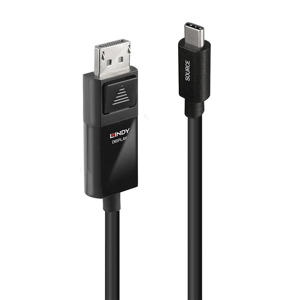Un cable negro Lindy DisplayPort a USB-C sobre fondo blanco.