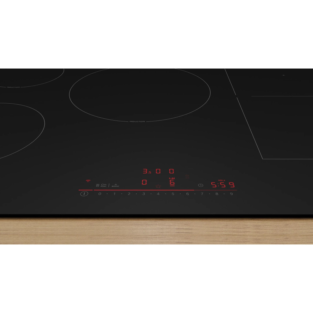 Una placa de inducción negra con controles táctiles rojos y niveles de potencia del 0 al 9.