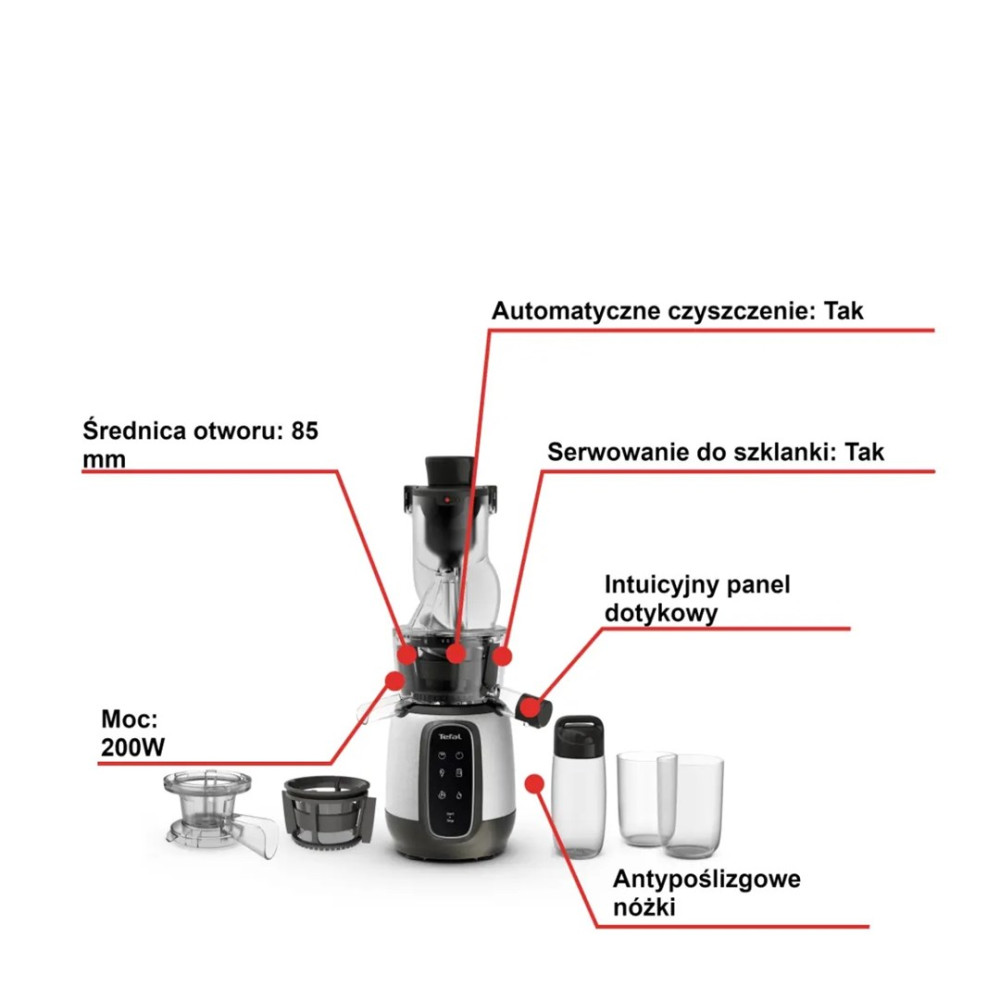 Un estrattore di succo bianco e nero con accessori ed etichette in polacco.