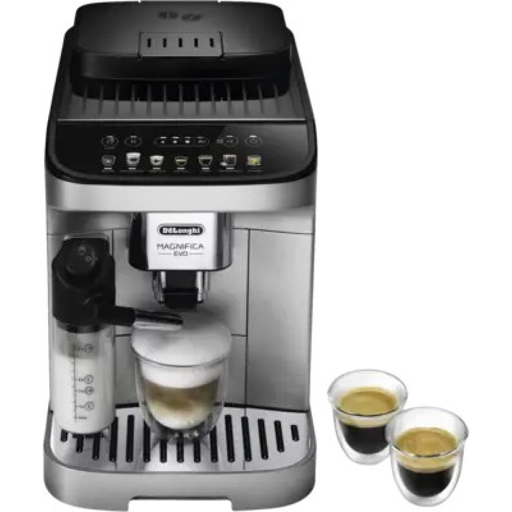 Macchina da caffè De'Longhi Magnifica Evo in argento e nero, con bicchiere per latte macchiato e due tazzine.