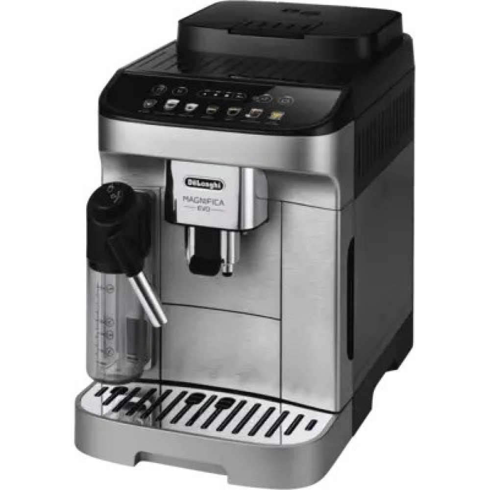 Moderna macchina da caffè DeLonghi Magnifica Evo argento e nera su sfondo chiaro.