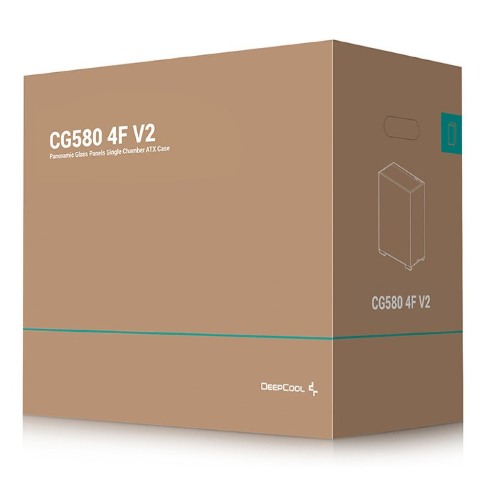 Caja de cartón marrón para torre ATX DeepCool CG580 4F V2 con nombre y dibujo de líneas.