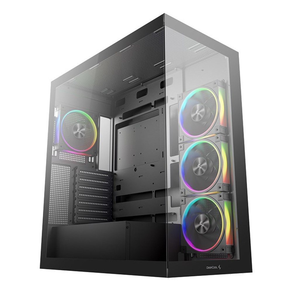 Gabinete de PC negro con frente de vidrio, panel lateral y cuatro ventiladores RGB.