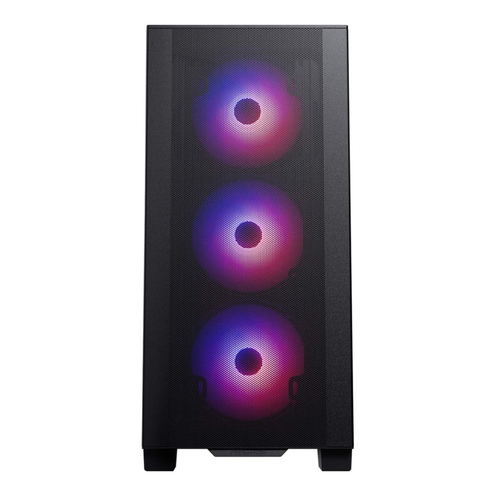 Czarna obudowa PC z trzema podświetlanymi wentylatorami RGB na niebiesko i czerwono.