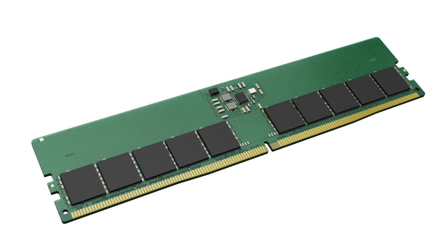 Grüner RAM-Speicherriegel mit schwarzen Chips und goldenen Kontakten auf weißem Hintergrund.
