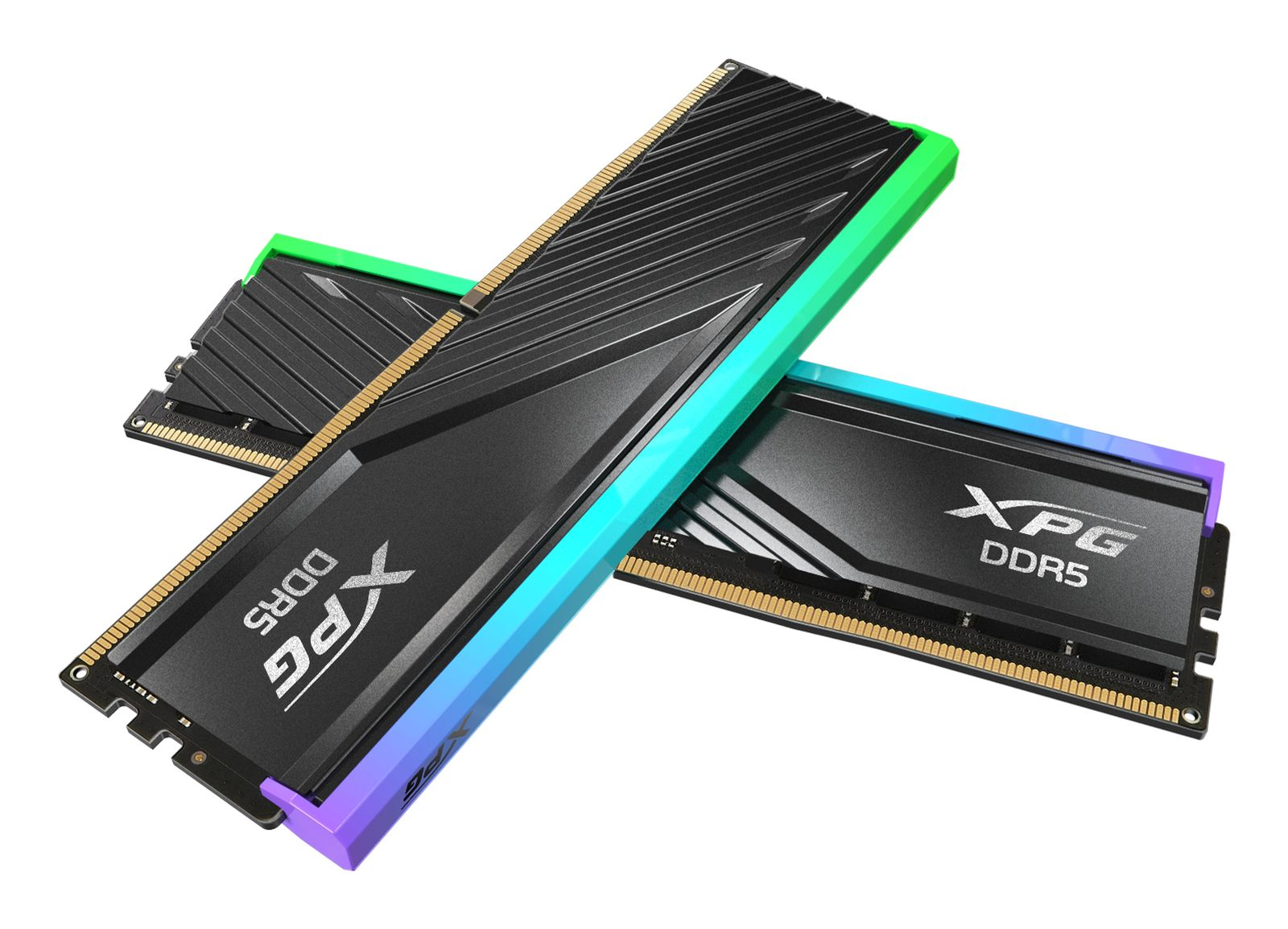 Zwei XPG DDR5-RAM-Module mit schwarzem Kühlkörper und bunten RGB-Leuchtstreifen vor weißem Hintergrund.