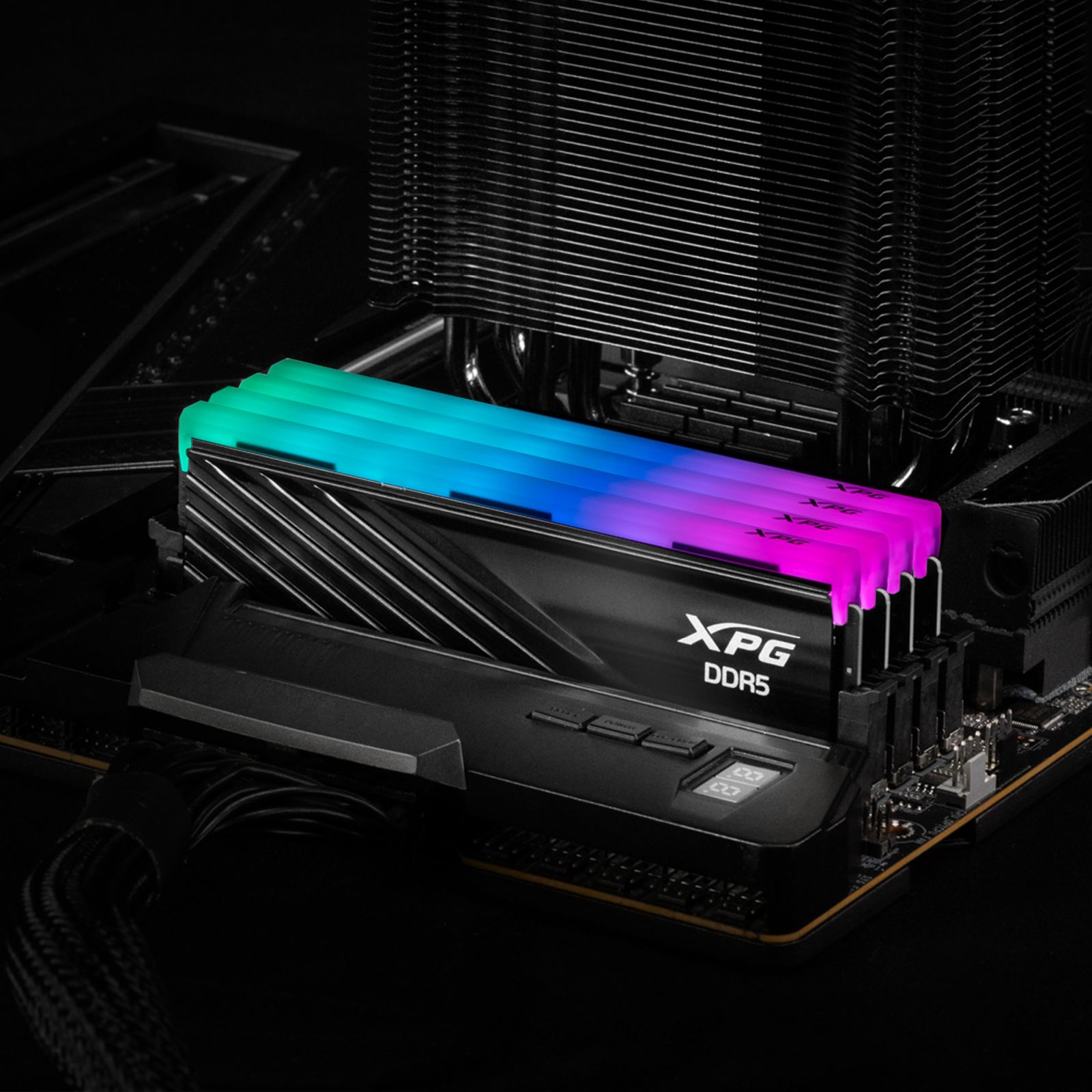 Nahaufnahme von XPG DDR5 RAM-Sticks mit leuchtender RGB-Verlaufsbeleuchtung auf einem Mainboard.